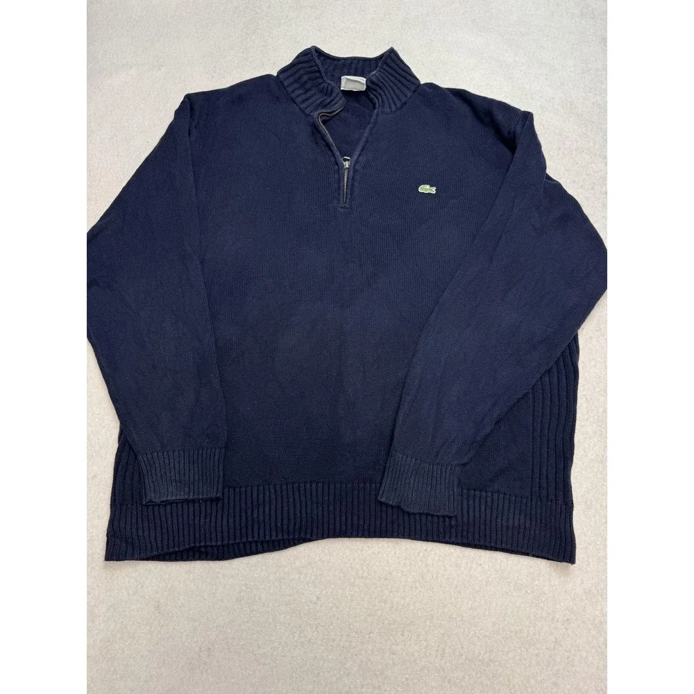 Lacoste Sweater Mens 8/3XL Blue Cotton 1/4 Zip Mock Neck Logo Knit Pullover